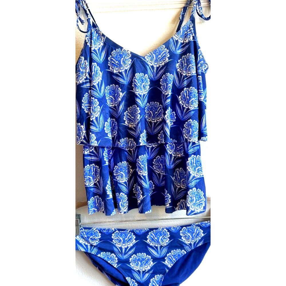JOHNNY WAS bikini 2 PCS boho blue ruffles floral beach nautical swim TANKINI S